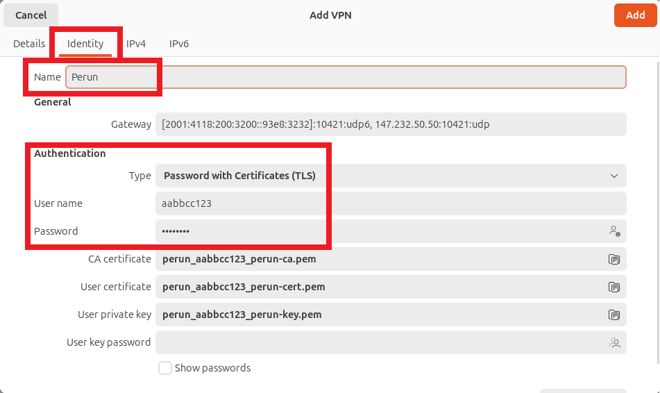 Setting username and password